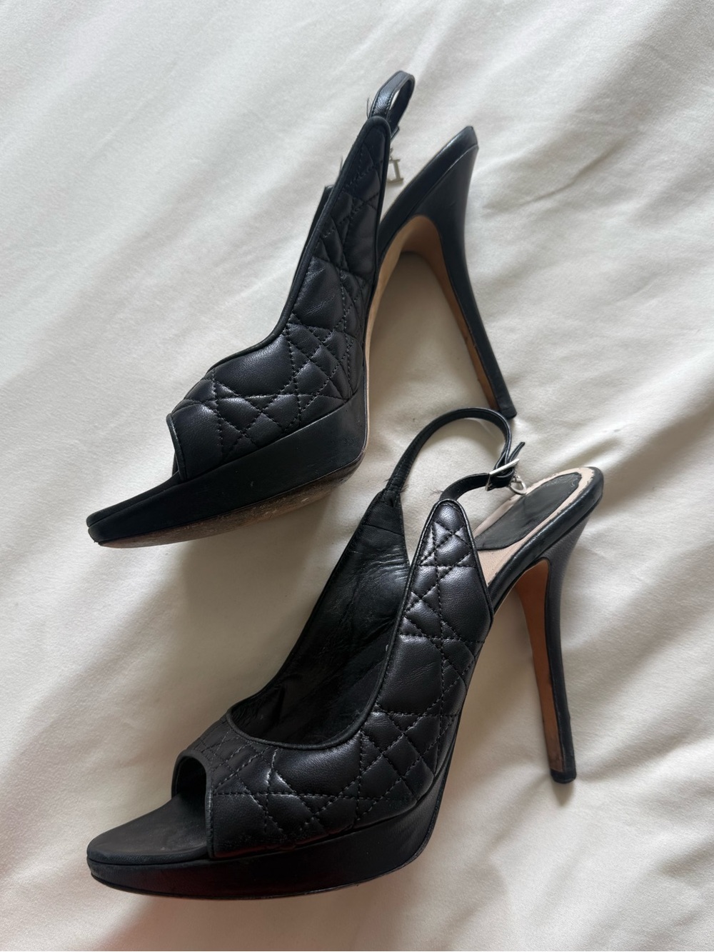 Dior | Navy Quilted Open-Toe Slingback Heels with D Charm | 39
